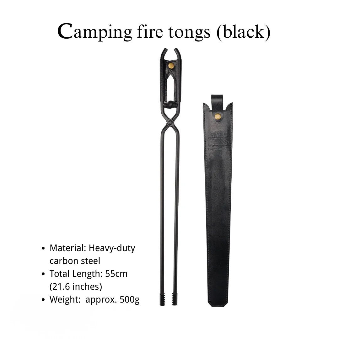 🔥Camping Fire Tongs | Heavy-Duty Carbon Steel | 55cm (21.6") | Leather Sheath | Serrated Grip | Brown/Black Options