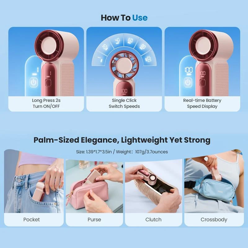 🥳2026 HOT SALE🥳💞❄️ ! Turbo Handheld Fan, 6 speeds, LED display. 3000mAh battery 🌬️✨