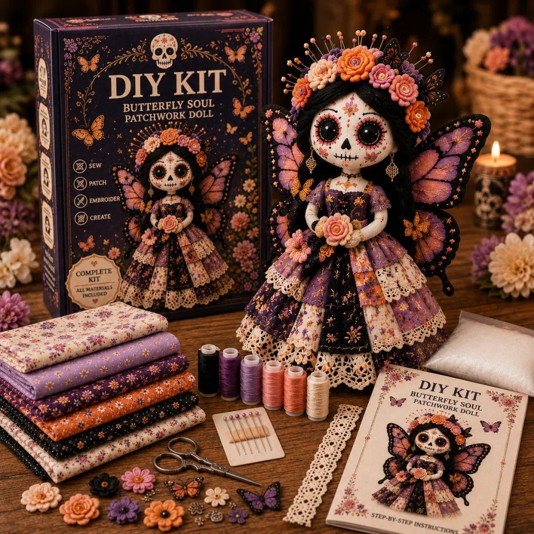 🎃Day of the Dead Patchwork Doll DIY Sewing Kit - Handmade Fabric Doll Craft Kit with Floral Details
