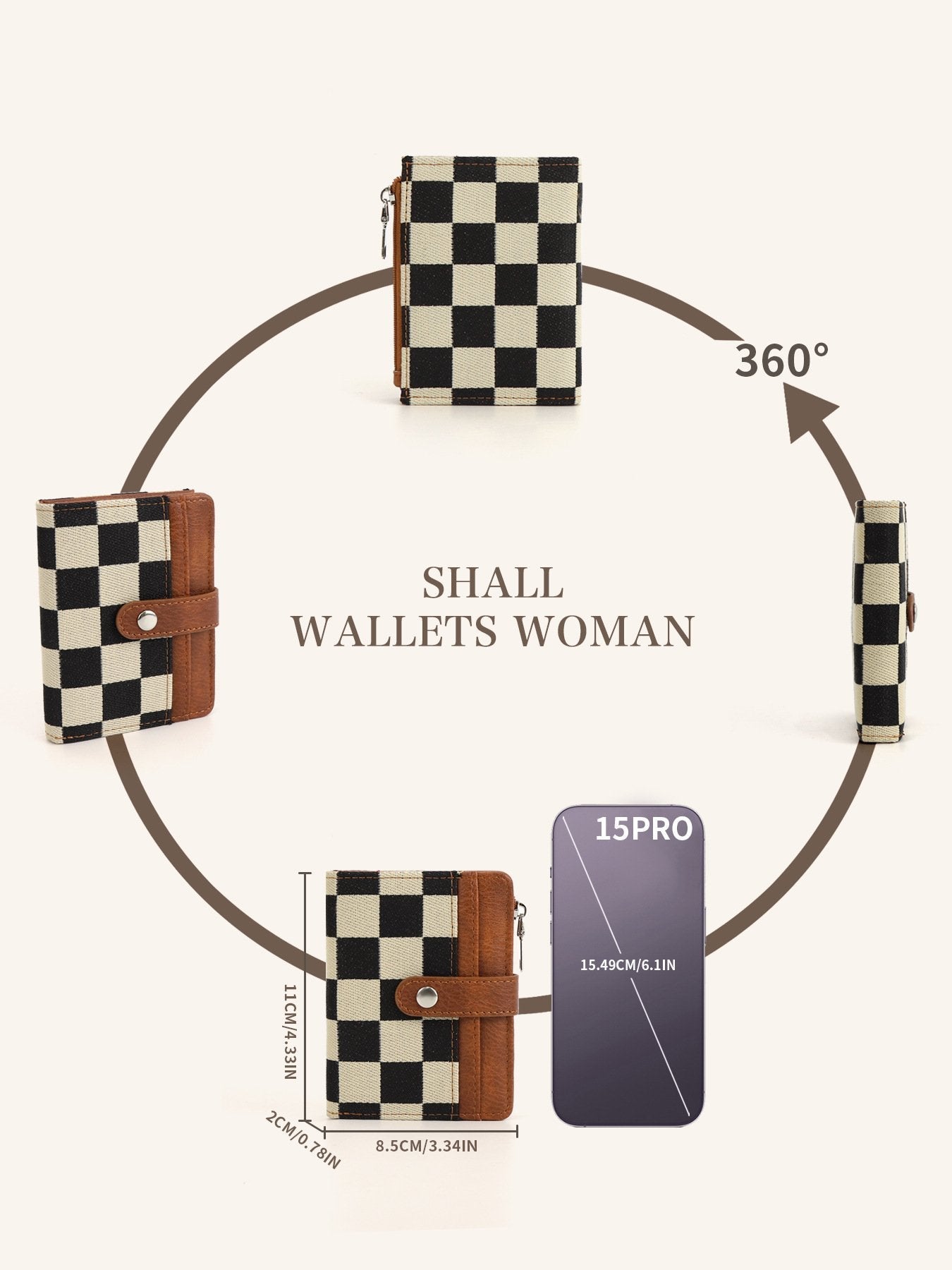 🖤 Checkered Bifold Wallet for Women – Compact PU Leather Card Holder with ID Window & Zipper Coin Pocket ✨👛