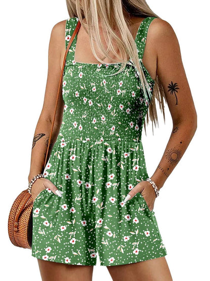 🏝️💃Women's Summer Square Neck Sleeveless Loose Casual Short Smocked Romper