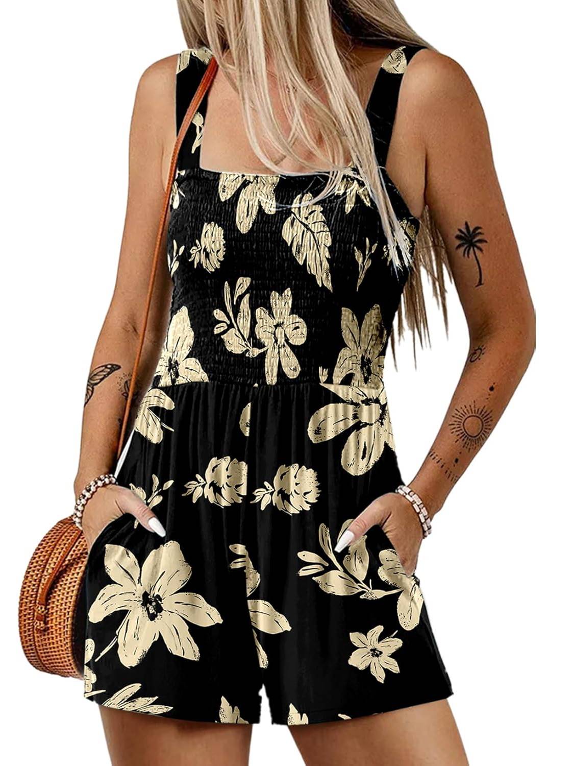 ⏰Hot Sale 49% OFF💃Women's Summer Square Neck Sleeveless Loose Casual Short Smocked Romper