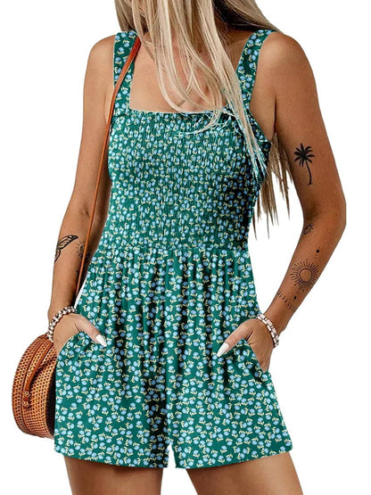 🏝️💃Women's Summer Square Neck Sleeveless Loose Casual Short Smocked Romper