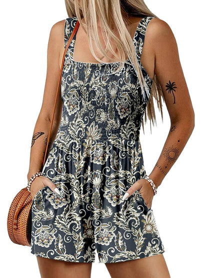 🏝️💃Women's Summer Square Neck Sleeveless Loose Casual Short Smocked Romper