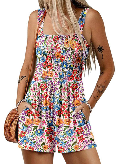 🏝️💃Women's Summer Square Neck Sleeveless Loose Casual Short Smocked Romper