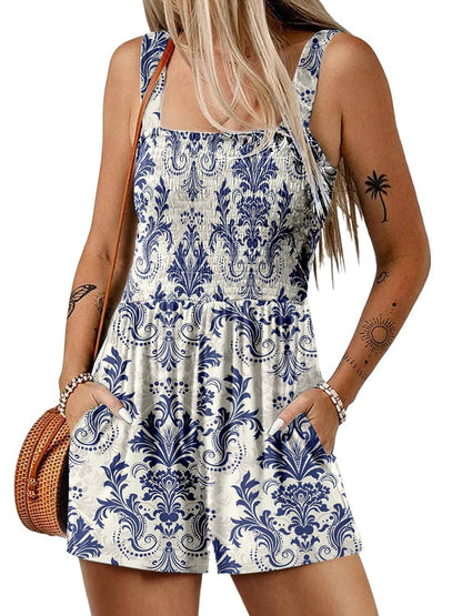🏝️💃Women's Summer Square Neck Sleeveless Loose Casual Short Smocked Romper