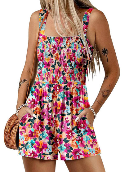 🏝️💃Women's Summer Square Neck Sleeveless Loose Casual Short Smocked Romper