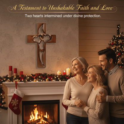 Hand-Carved Intertwined Hearts Wooden Cross