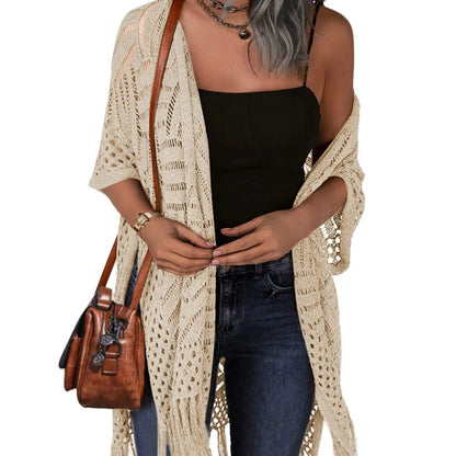 Womens Knit Cardigan Oversized Open Front Outwear New Spring & Summer Hollow Out Crochet Tassel Lightweight Kimonos Sweater Outdoorfun
