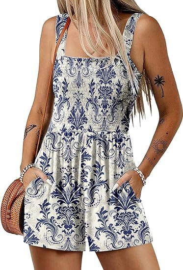 🏝️💃Women's Summer Square Neck Sleeveless Loose Casual Short Smocked Romper