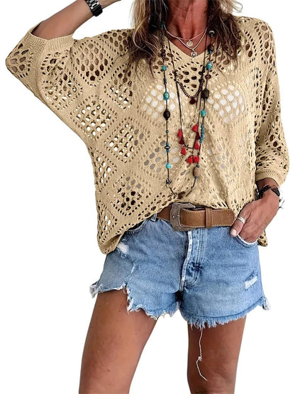 Hot Sale-Women's Boho Crochet Tops V Neck Hollow Out Knit Shirts