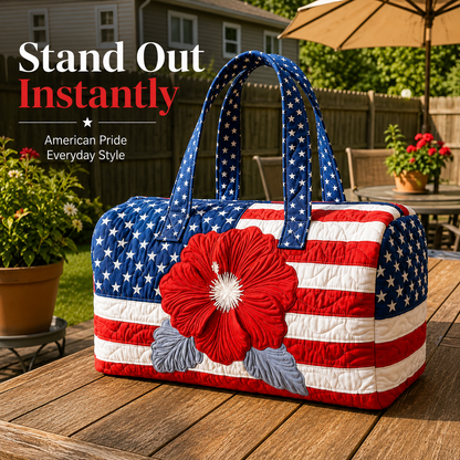 🧵 Handcrafted Patriotic Quilted Tote Bag – 3D Floral American Flag Travel Duffel