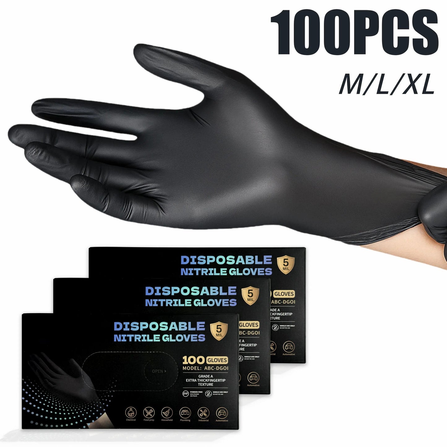 Black Nitrile Gloves, 6mil Heavy Duty Soft Disposable Gloves, 100 Count Latex Free Powder Free Reusable Gloves