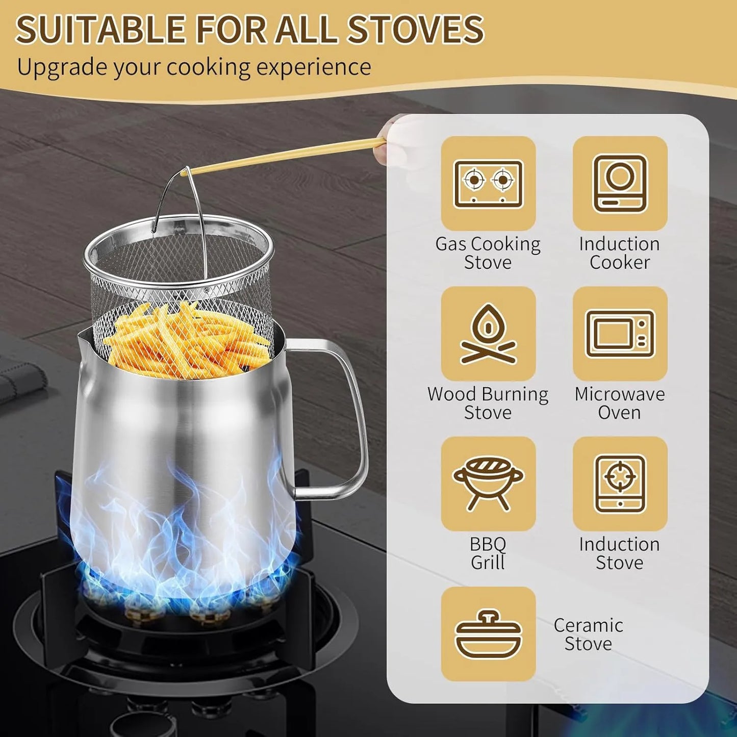 68oz 201 Stainless Steel Deep Fryer Pot with Basket & Strainer, Large Capacity Bacon Grease Container for Kitchen,Frying, Cooking, Camping,Oil Filter Container - Dishwasher Safe