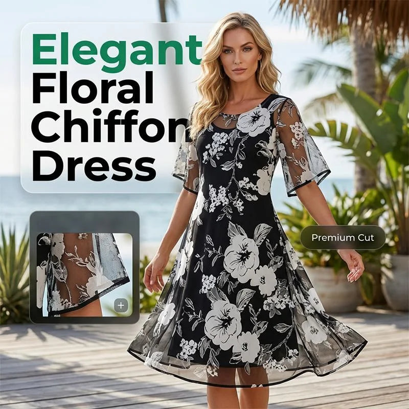 🌸 49% OFF NOW! ✨ Women's Floral A-Line Party Dress – Double-Layer Chiffon, Elegant Print & Knee-Length Fit 👗