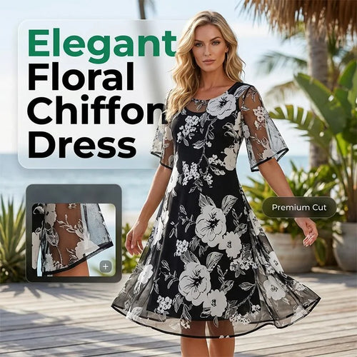 🌸 49% OFF NOW! ✨ Women's Floral A-Line Party Dress – Double-Layer Chiffon, Elegant Print & Knee-Length Fit 👗