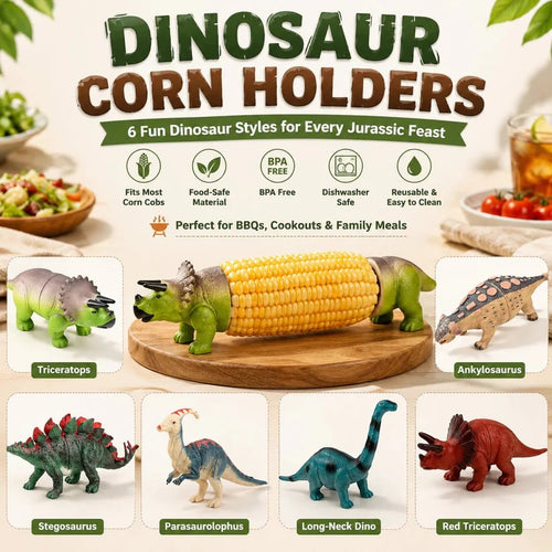 🔥Last Day 49% OFF - 🦖 Cute Dinosaur Corn Holders – Fun Stainless Steel BBQ Kitchen Gadget Set