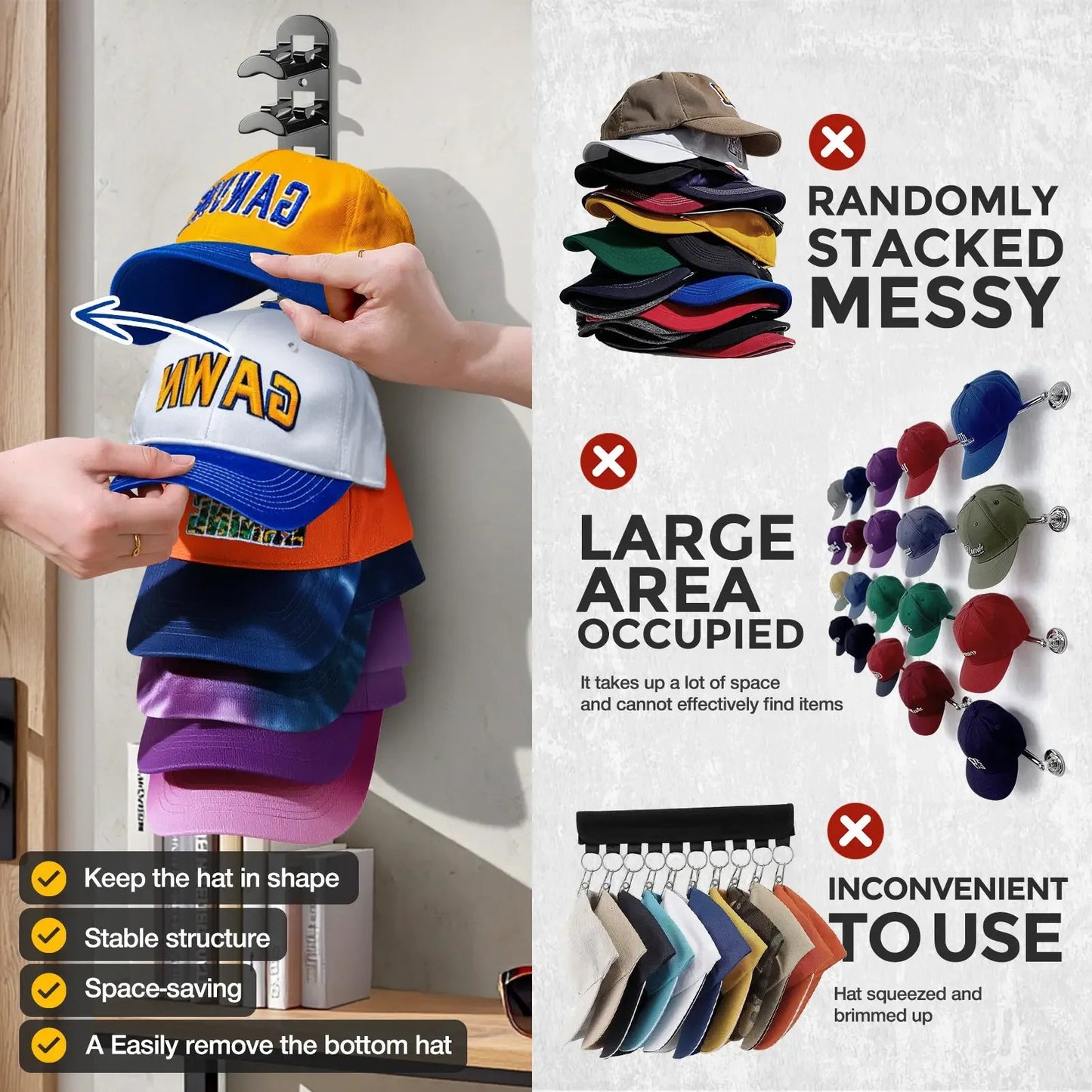 🧢Wall-mounted hat rack – each rack can hold 10 hats🧢