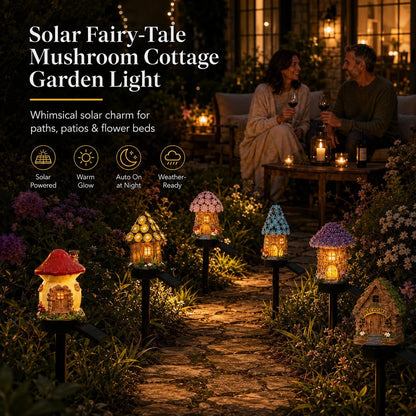 🍄Solar Fairy Tale Mushroom Cottage Garden Light – Whimsical Warm Glow for Paths, Patios & Flower Beds🌙