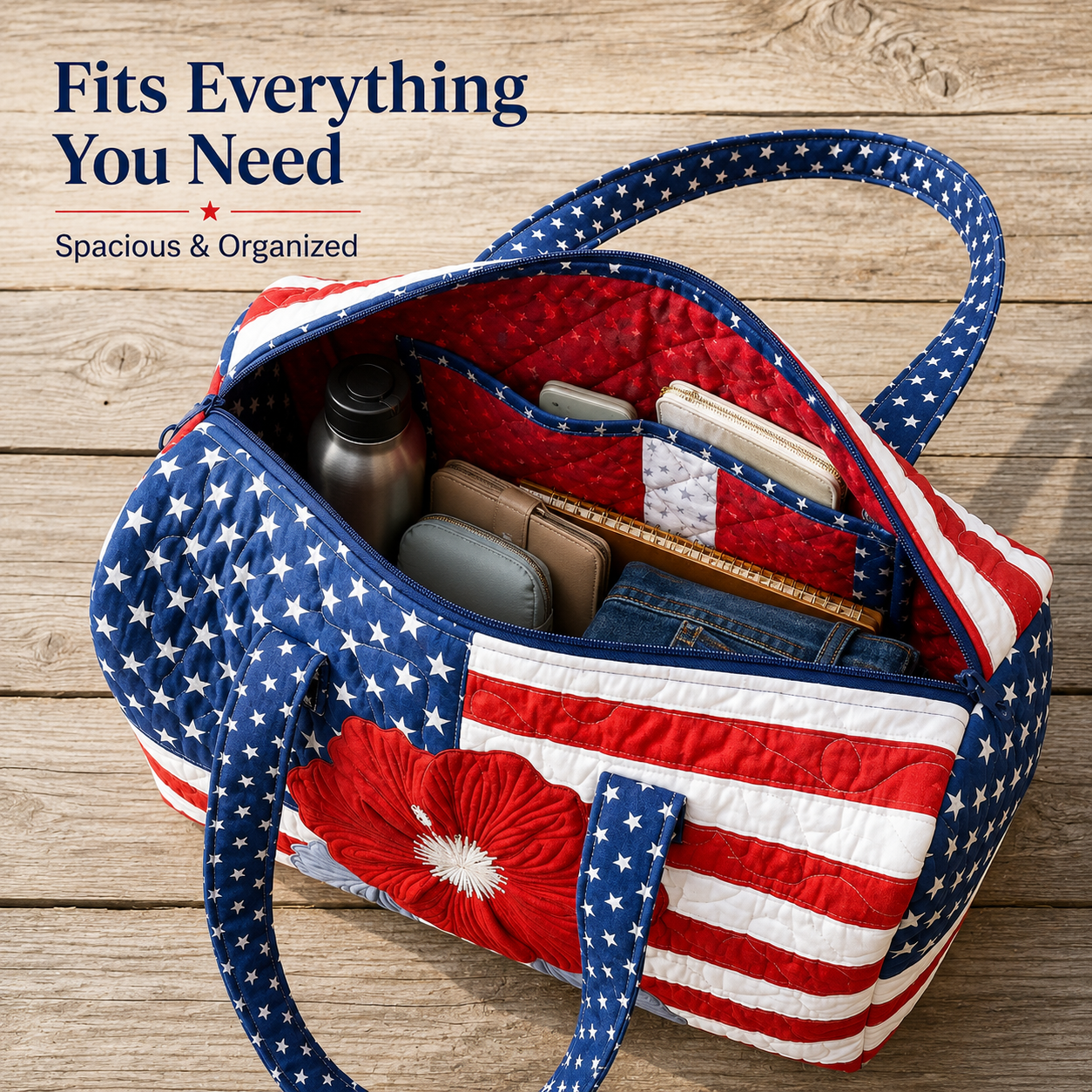 🧵 Handcrafted Patriotic Quilted Tote Bag – 3D Floral American Flag Travel Duffel