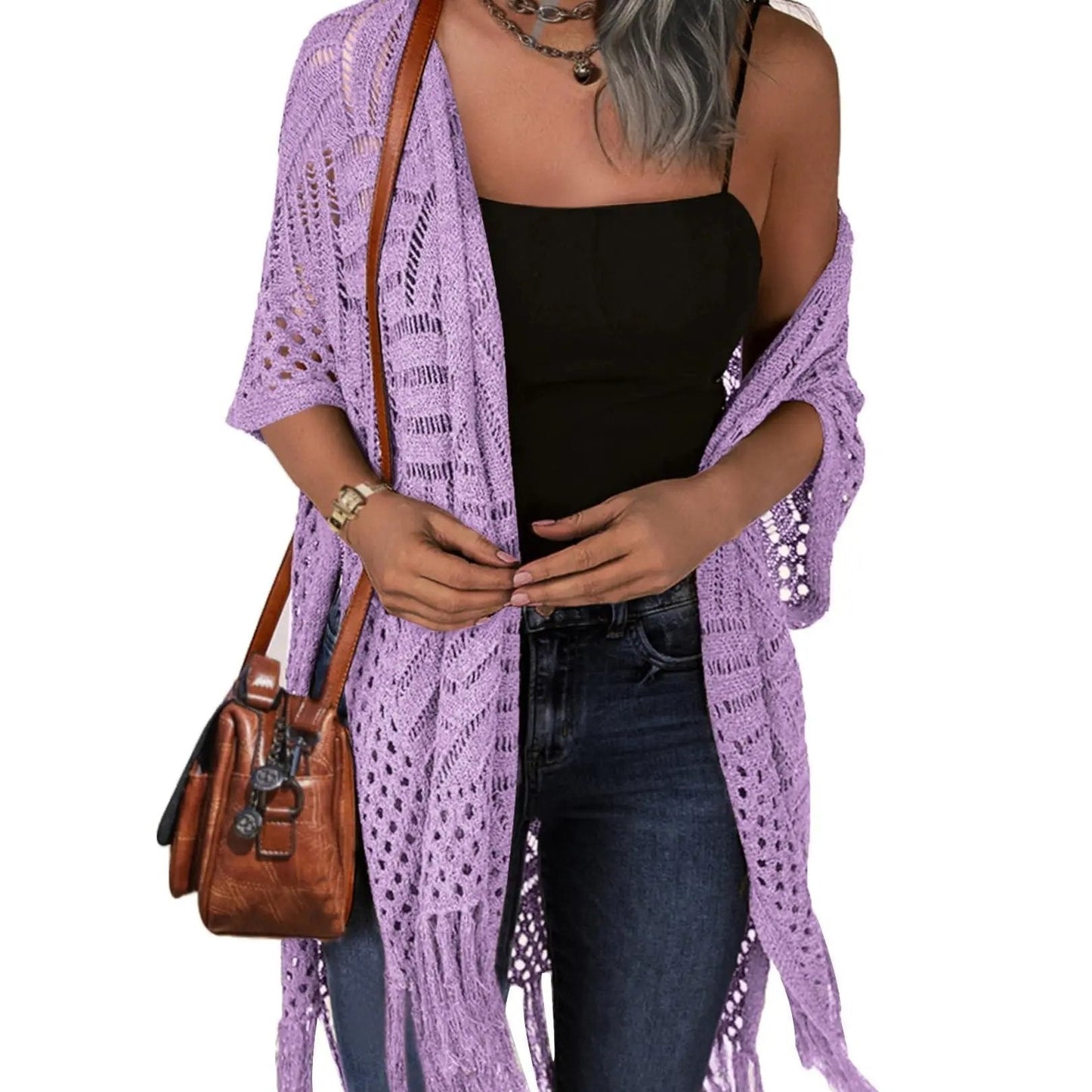 Womens Knit Cardigan Oversized Open Front Outwear New Spring & Summer Hollow Out Crochet Tassel Lightweight Kimonos Sweater Outdoorfun