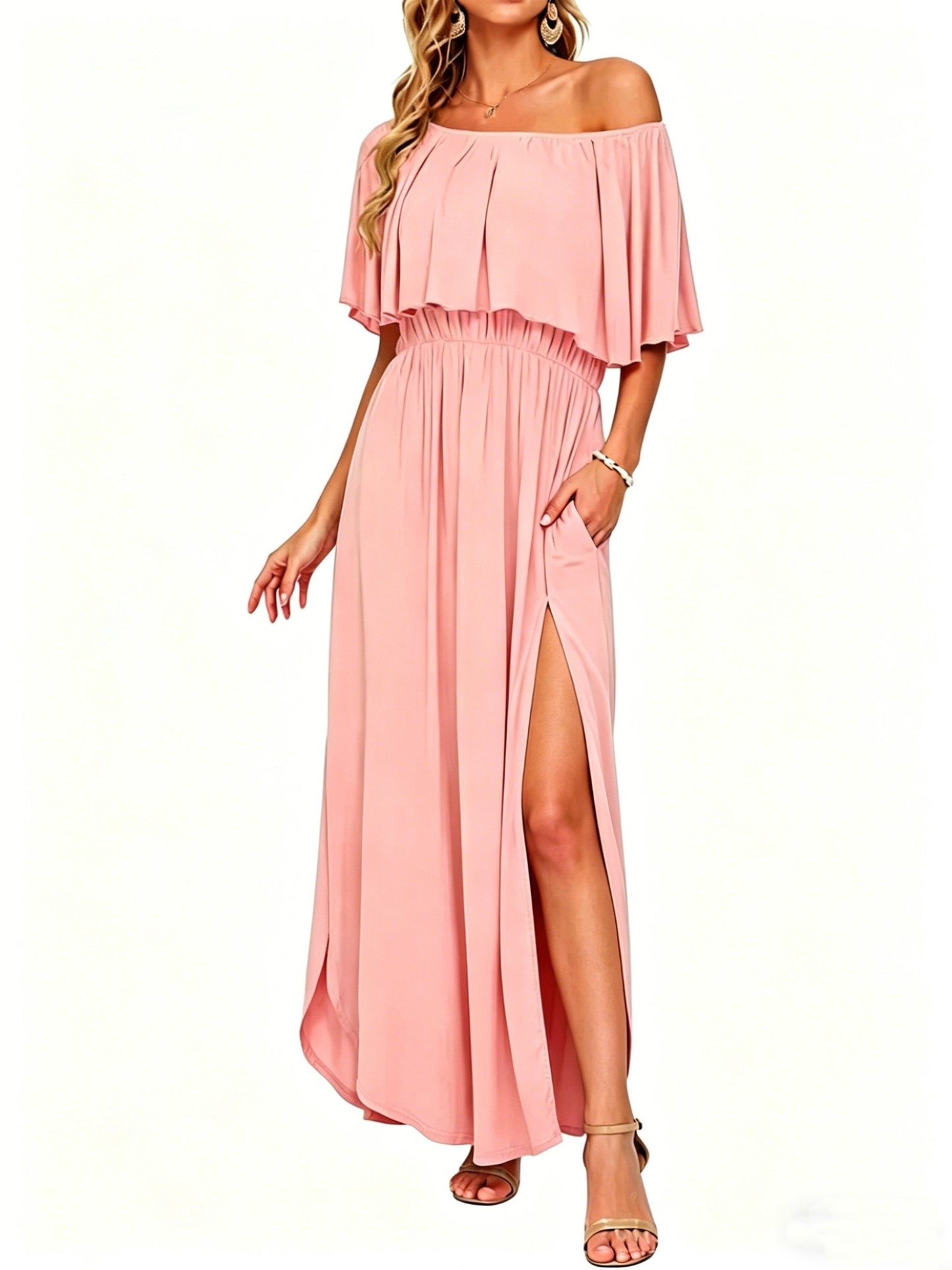 🔥LAST day 49% OFF🔥Women's Off The Shoulder Dress Wedding Guest Dress Summer Casual Long Ruffle Party Side Split Beach Maxi Dresses