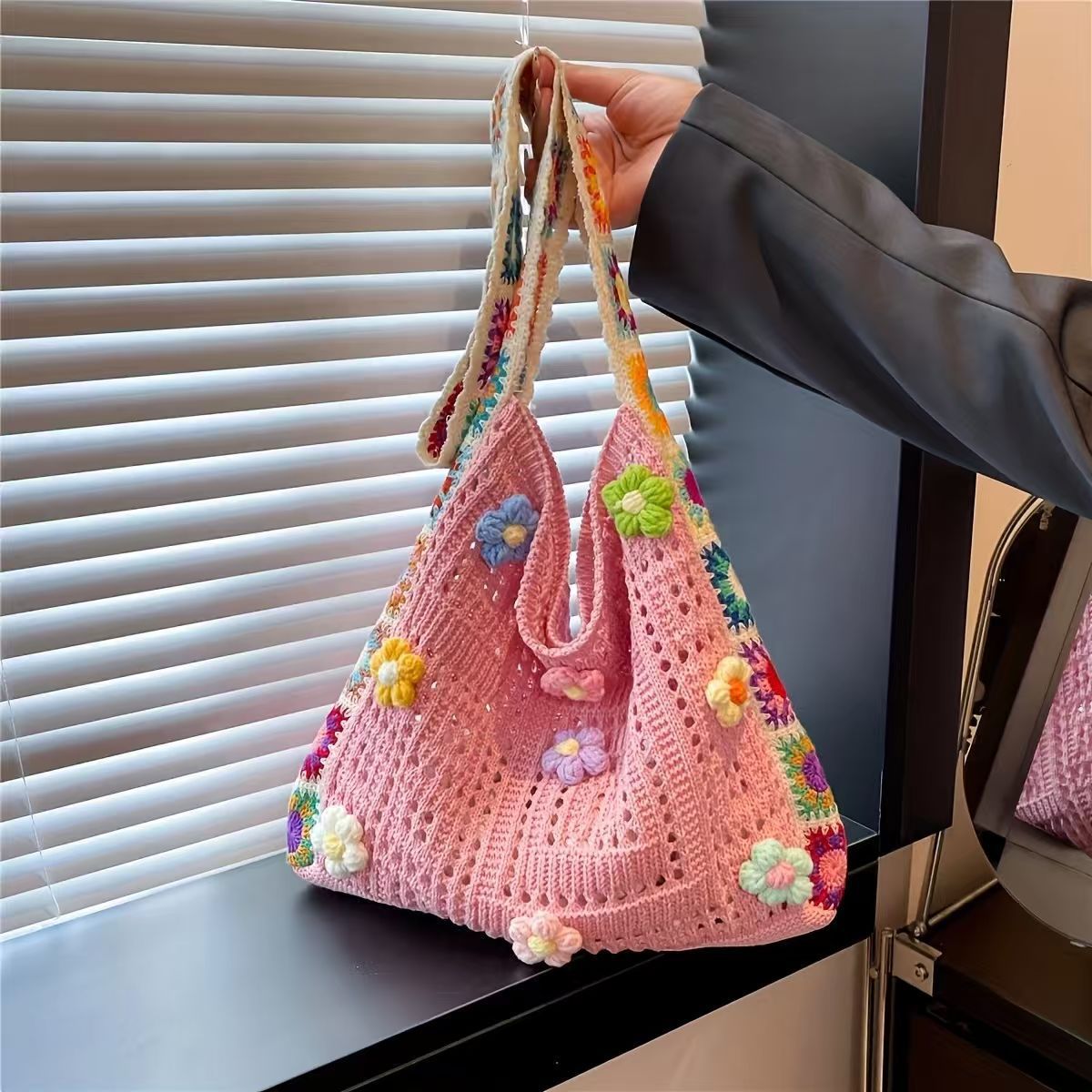 Casual Hollow Knit Tote Bag – Large Capacity Woven Shoulder Bag