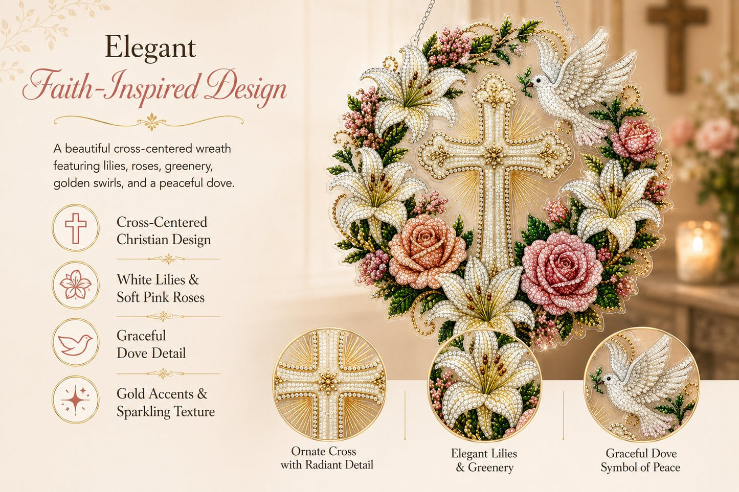 ✝️💐Cross, Flowers & Peace Dove Diamond Art Hanging Ornament Kit