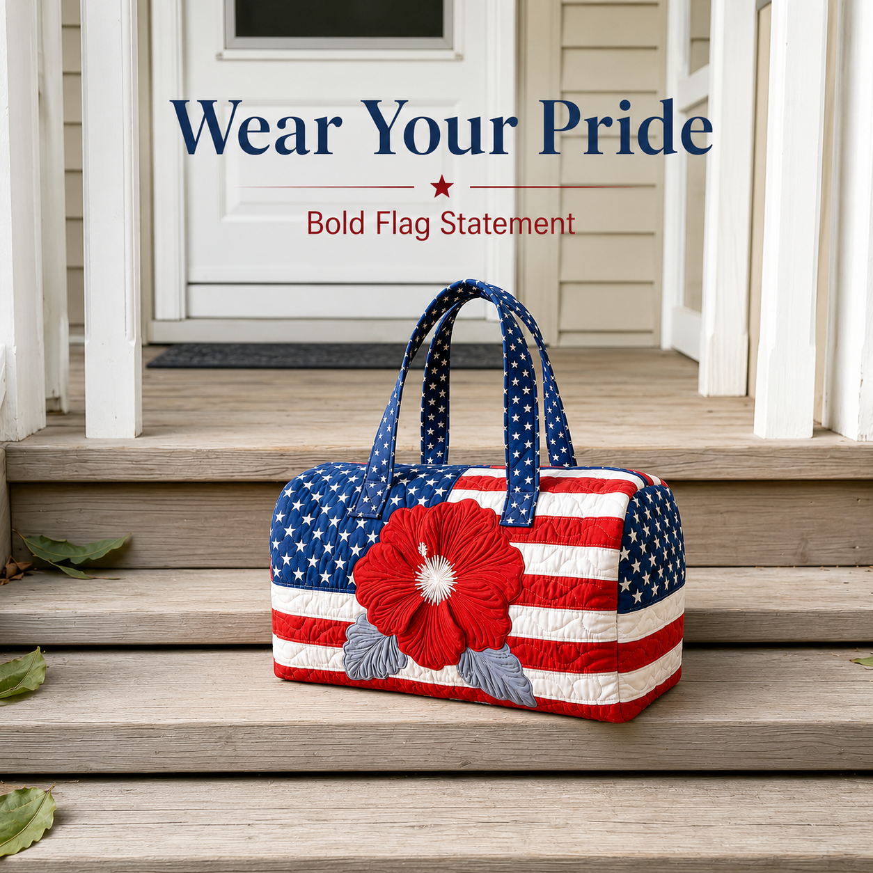 🧵 Handcrafted Patriotic Quilted Tote Bag – 3D Floral American Flag Travel Duffel