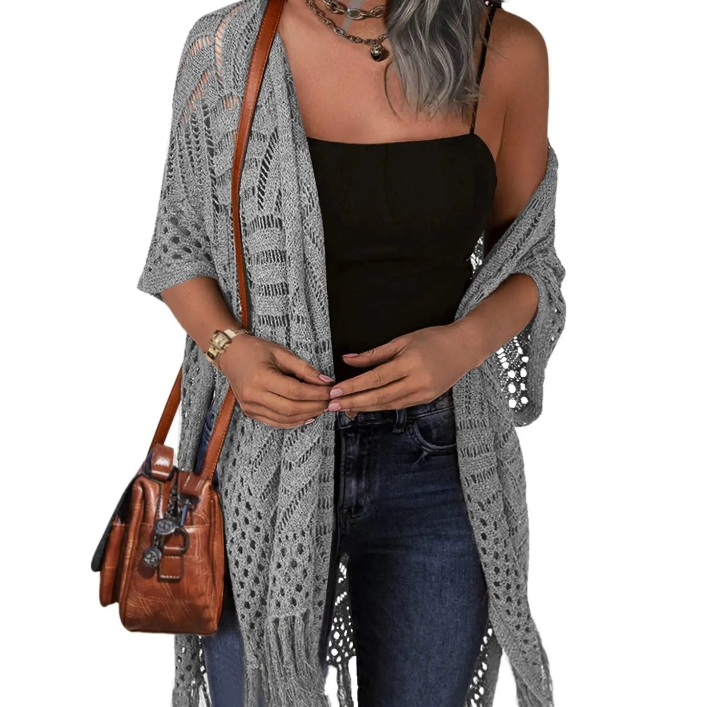 Womens Knit Cardigan Oversized Open Front Outwear New Spring & Summer Hollow Out Crochet Tassel Lightweight Kimonos Sweater Outdoorfun