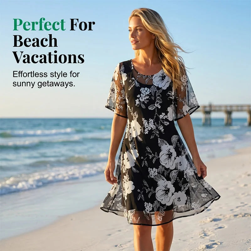 🌸 49% OFF NOW! ✨ Women's Floral A-Line Party Dress – Double-Layer Chiffon, Elegant Print & Knee-Length Fit 👗