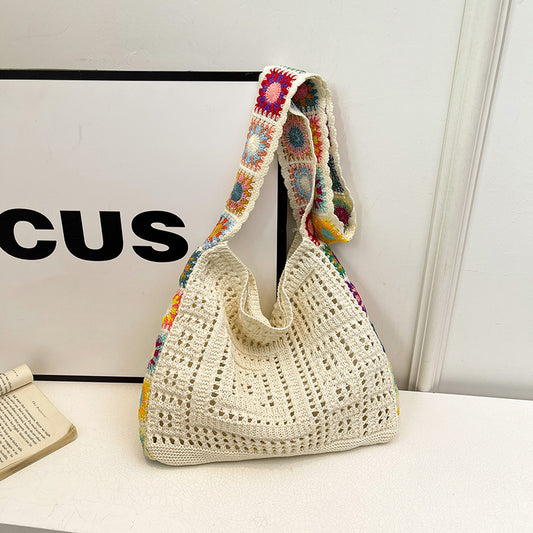Casual Hollow Knit Tote Bag – Large Capacity Woven Shoulder Bag