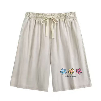 Flower Print Elastic Drawstring Shorts