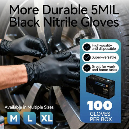 Black Nitrile Gloves, 6mil Heavy Duty Soft Disposable Gloves, 100 Count Latex Free Powder Free Reusable Gloves