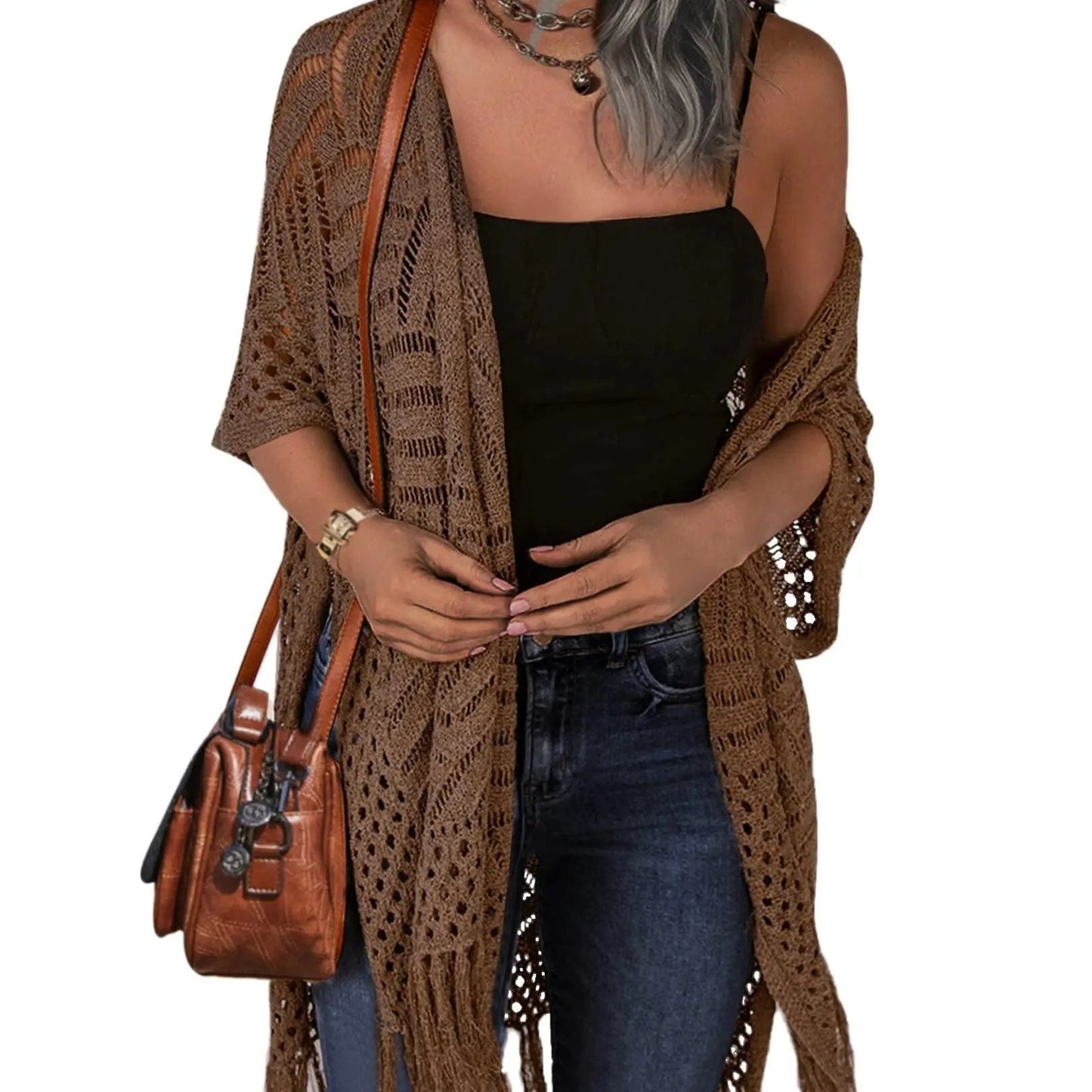 Womens Knit Cardigan Oversized Open Front Outwear New Spring & Summer Hollow Out Crochet Tassel Lightweight Kimonos Sweater Outdoorfun