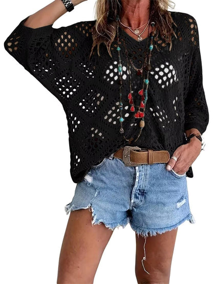 🥰🥰💃Womens Bohemian-Inspired Beige Crochet Top With V-Neck