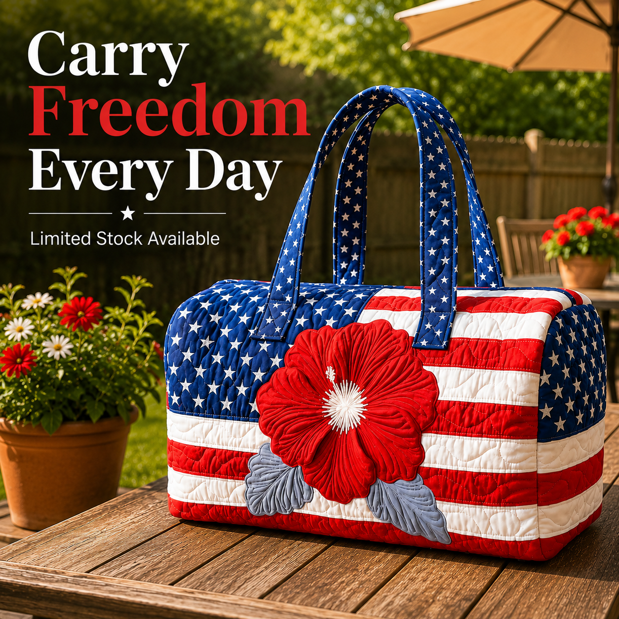 🧵 Handcrafted Patriotic Quilted Tote Bag – 3D Floral American Flag Travel Duffel
