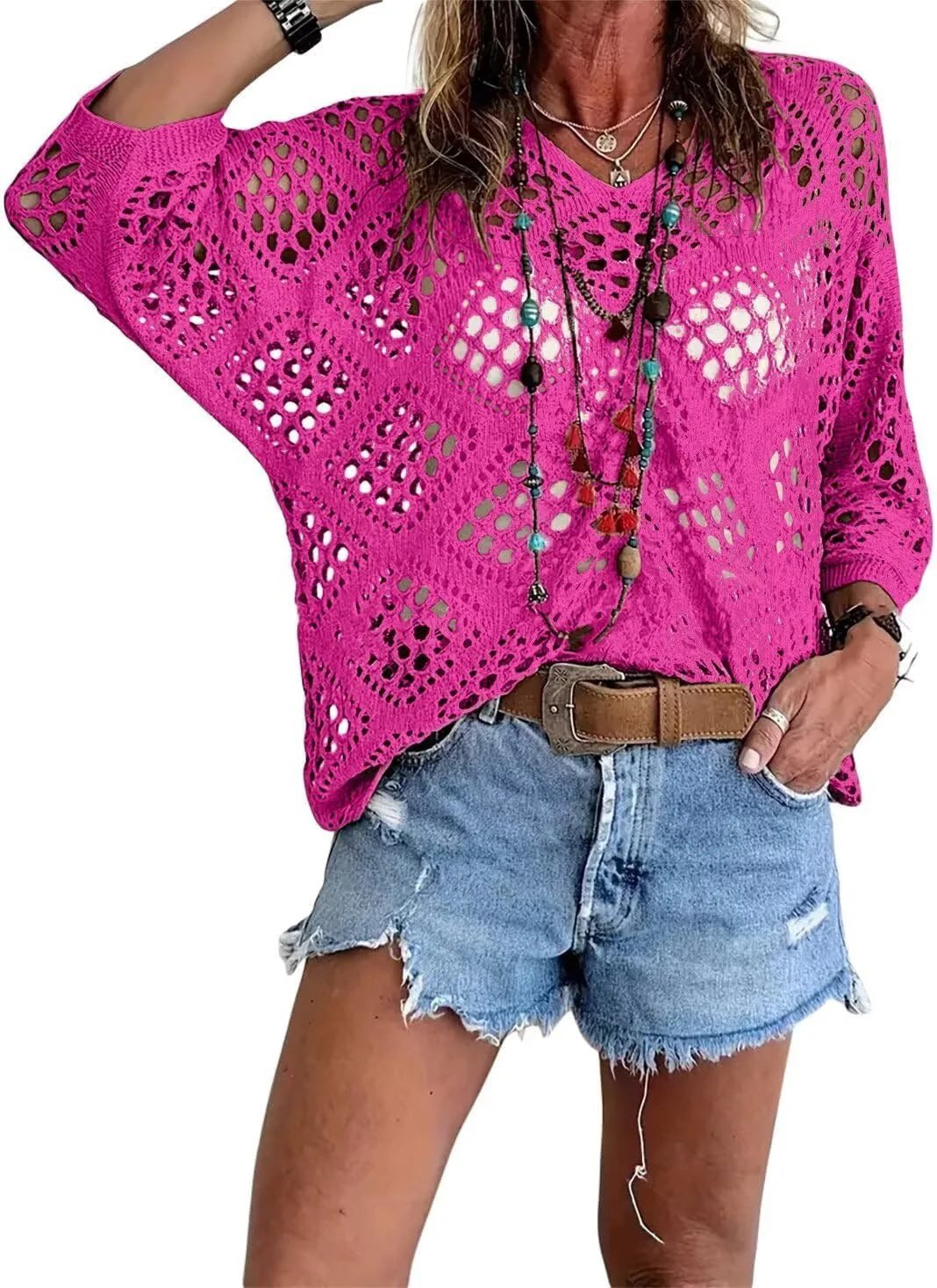 🥰🥰💃Womens Bohemian-Inspired Beige Crochet Top With V-Neck