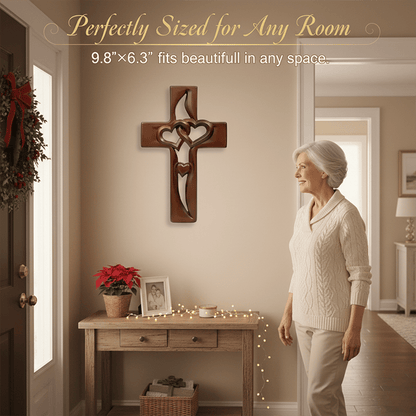 Hand-Carved Intertwined Hearts Wooden Cross