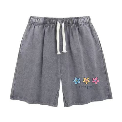 Flower Print Elastic Drawstring Shorts