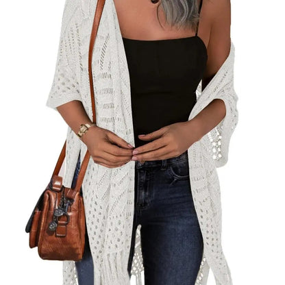 Womens Knit Cardigan Oversized Open Front Outwear New Spring & Summer Hollow Out Crochet Tassel Lightweight Kimonos Sweater Outdoorfun