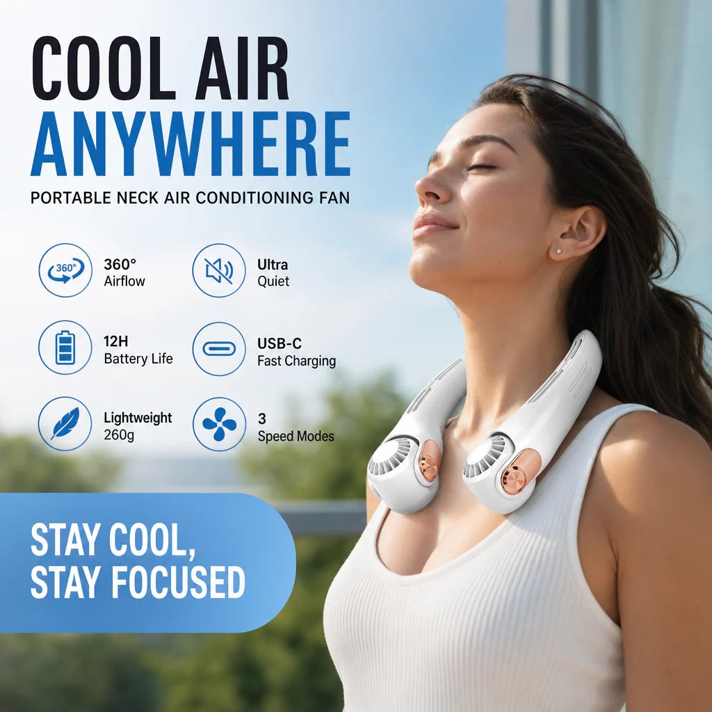 🥳2026 HOT SALE🥳💞50K+ SOLD!🍃 Neck Air Conditioner Fan – Ultra‐quiet, 360° rotating, 3 speeds. Hands‐free cooling, long battery. Summer essential! 😎🌬️