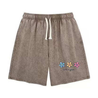 Flower Print Elastic Drawstring Shorts