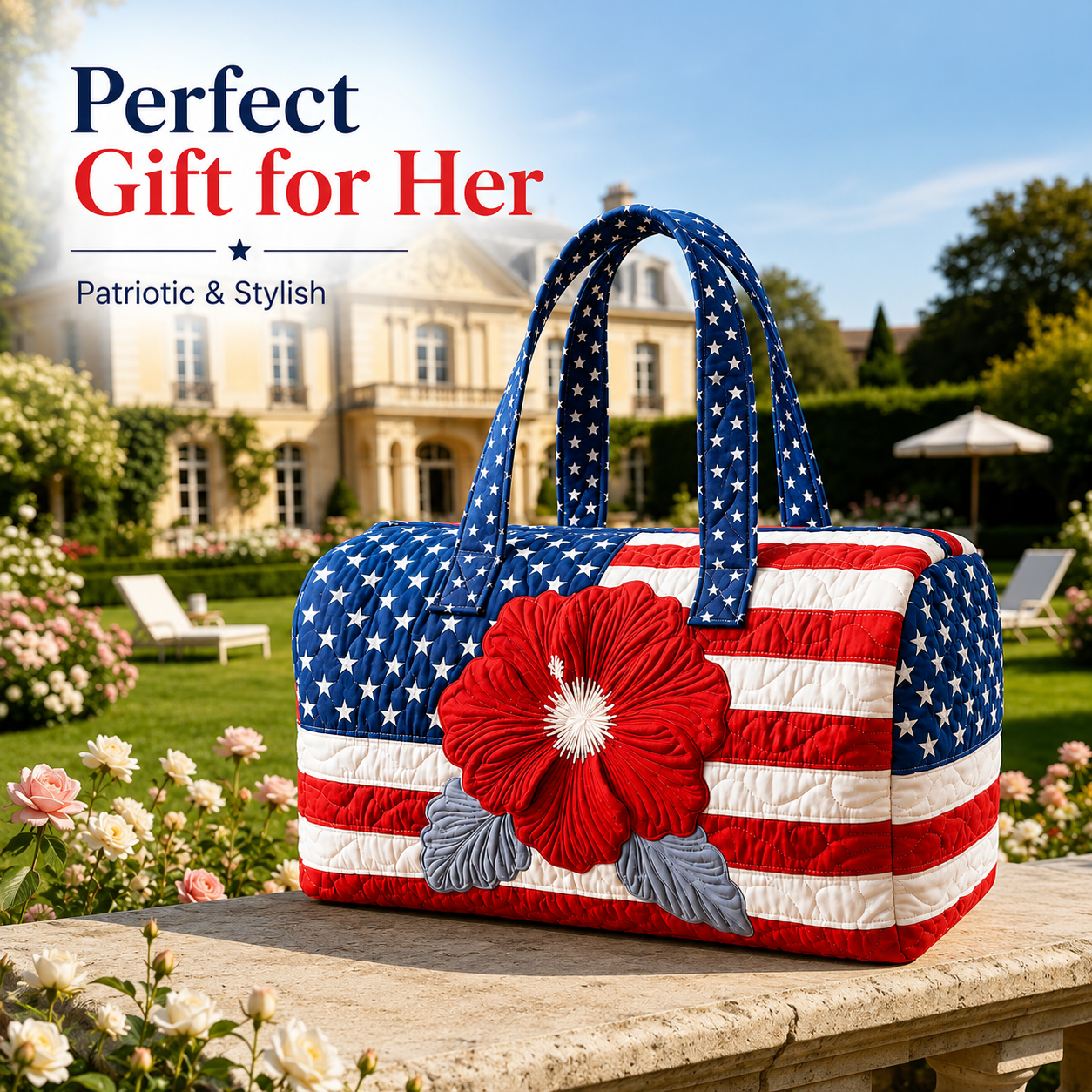 🧵 Handcrafted Patriotic Quilted Tote Bag – 3D Floral American Flag Travel Duffel