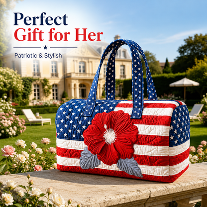 🧵 Handcrafted Patriotic Quilted Tote Bag – 3D Floral American Flag Travel Duffel
