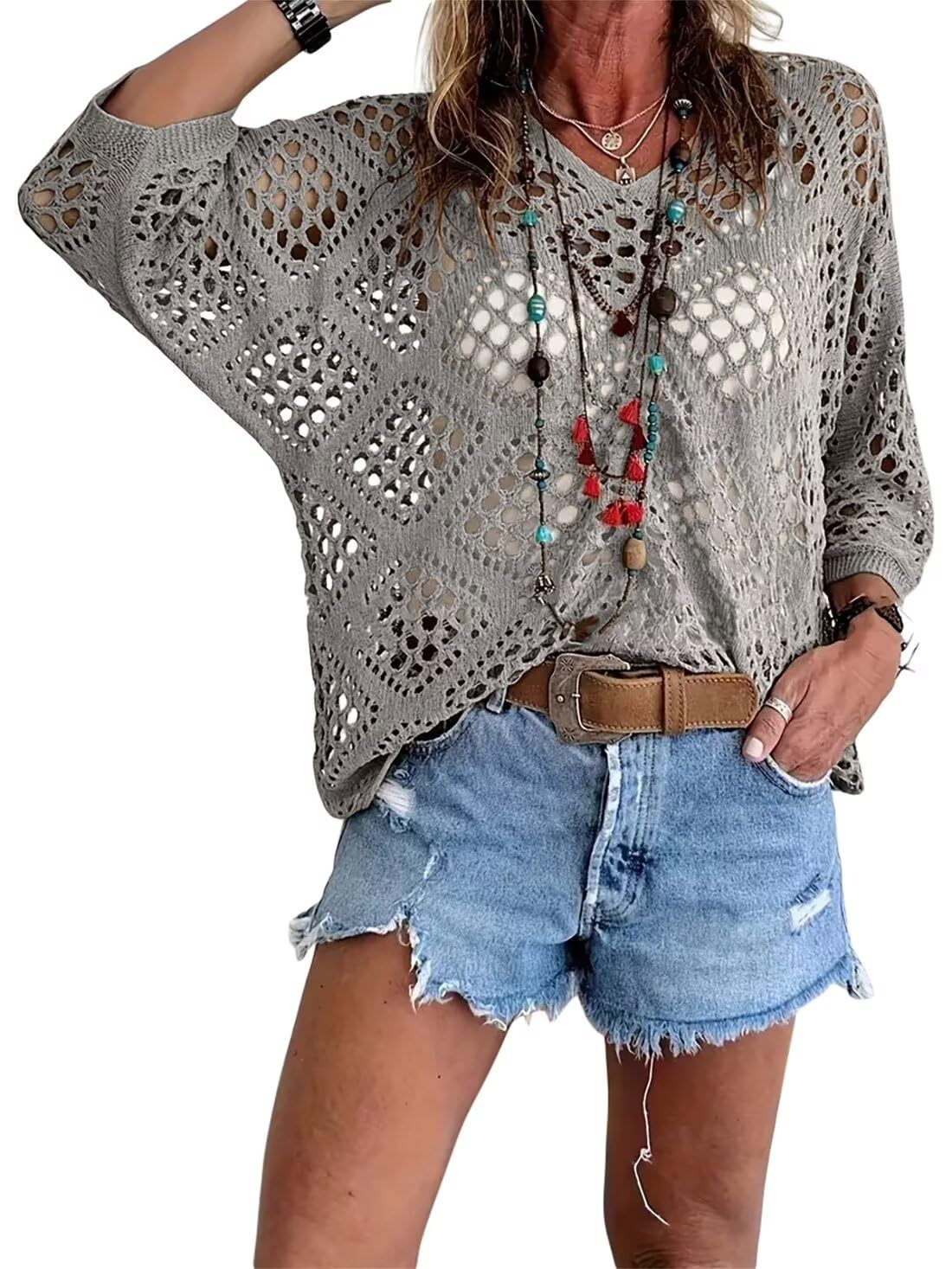 Hot Sale-Women's Boho Crochet Tops V Neck Hollow Out Knit Shirts