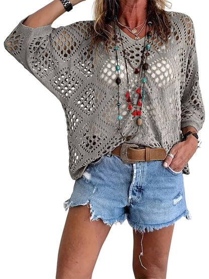Hot Sale-Women's Boho Crochet Tops V Neck Hollow Out Knit Shirts