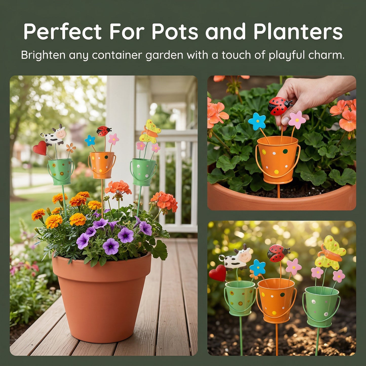 Set of 3 Metal Flower Pot Garden Stakes