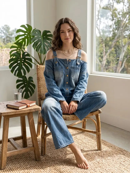 ✨ Off-Shoulder Denim Jumpsuit | Matches Any Style: Sexy, Sweet, Casual | Wide Leg Overalls Y2K 👖