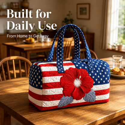 🧵 Handcrafted Patriotic Quilted Tote Bag – 3D Floral American Flag Travel Duffel